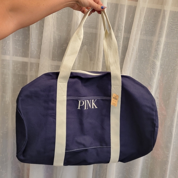 Pink by Victoria's Secret Canvas Duffle Bag Navy Gym Weekender Travel Logo NWT - Picture 6 of 15